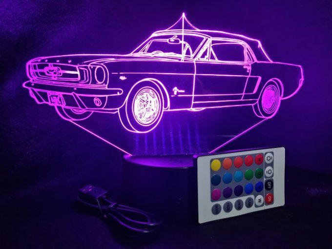 Lampe led 3D Ford Mustang 1963, retro, voiture, veilleuse, chevet, cadeau, déco, illusion