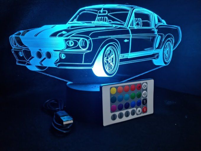 Lampe led 3D Ford Mustang GT500, retro, voiture, veilleuse, chevet, cadeau, déco, illusion