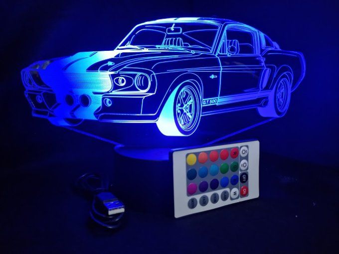 Lampe led 3D Ford Mustang GT500, voiture, veilleuse, chevet, cadeau