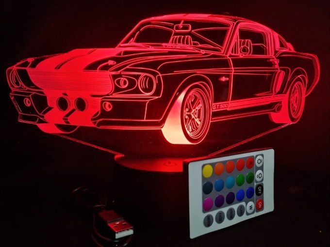 Lampe led 3D Ford Mustang GT500, voiture, veilleuse, chevet, cadeau