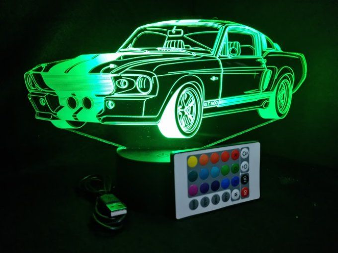 Lampe led 3D Ford Mustang GT500, retro, voiture, veilleuse, chevet, cadeau, déco, illusion
