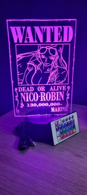 Lampe led 3D Nico Robin Wanted, manga, veilleuse, déco, chevet, bureau