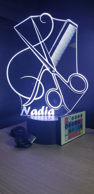 Lampe led 3D ciseaux peigne, coiffeur, veilleuse, chevet, néon, idée cadeau, déco, illusion