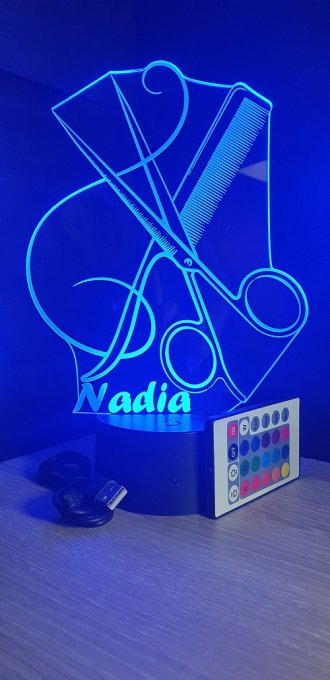 Lampe led 3D ciseaux peigne, coiffeur, veilleuse, chevet, néon, idée cadeau, déco, illusion