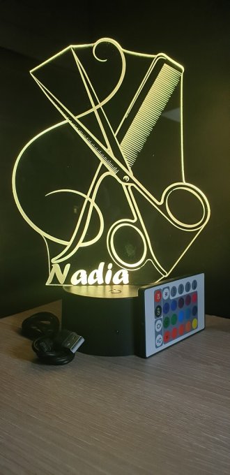 Lampe led 3D ciseaux peigne, coiffeur, veilleuse, chevet, néon, idée cadeau, déco, illusion