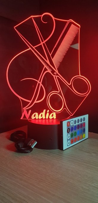 Lampe led 3D ciseaux peigne, coiffeur, veilleuse, chevet, néon, idée cadeau, déco, illusion