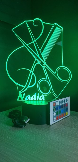 Lampe led 3D ciseaux peigne, coiffeur, veilleuse, chevet, néon, idée cadeau, déco, illusion