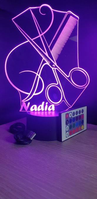 Lampe led 3D ciseaux peigne, coiffeur, veilleuse, chevet, néon, idée cadeau, déco, illusion