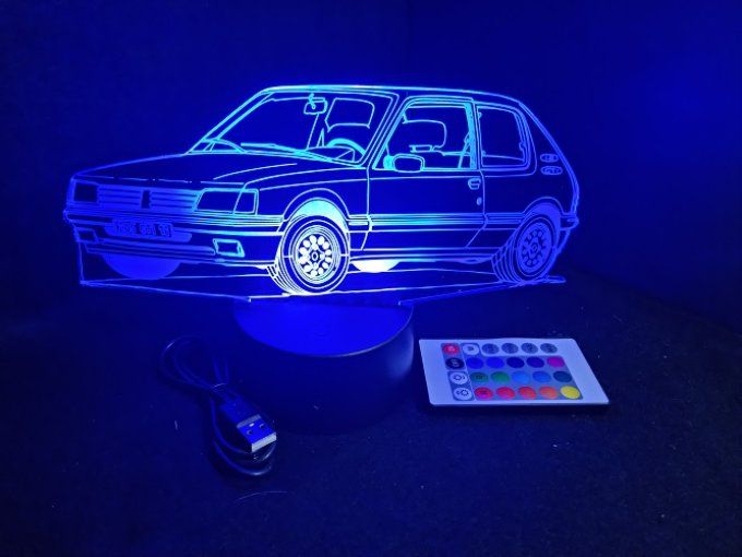Lampe led 3D Peugeot 205 GTI 1.6, retro, voiture, veilleuse, chevet, cadeau, déco, illusion