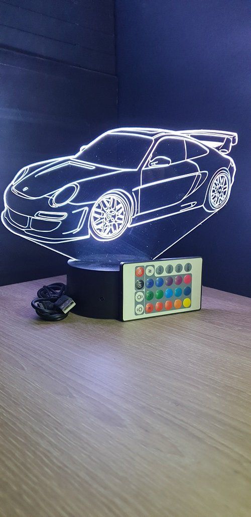 Lampe led 3D Porsche 911 GT3 , voiture ,veilleuse, chevet, néon, cadeau, déco, illusion, bureau