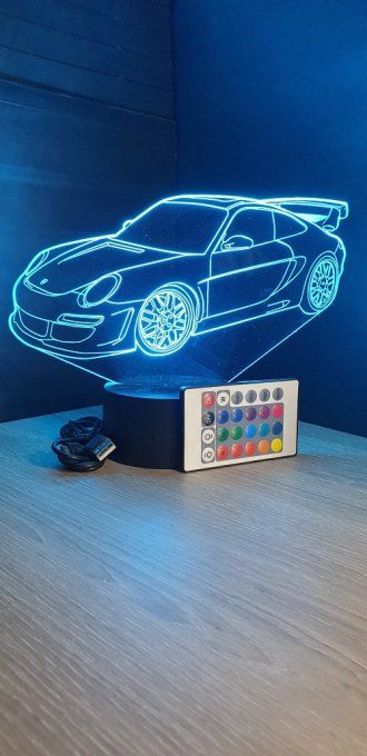 Lampe led 3D Porsche 911 GT3, voiture, veilleuse, chevet, néon, cadeau, déco, illusion, bureau