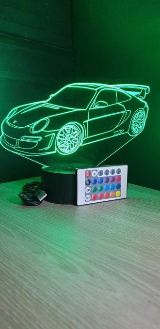 Lampe led 3D Porsche 911 GT3 , voiture ,veilleuse, chevet, néon, cadeau, déco, illusion, bureau