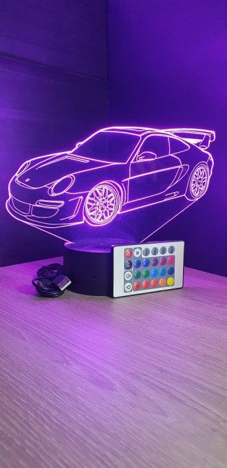 Lampe led 3D Porsche 911 GT3, voiture, veilleuse, chevet, néon, cadeau