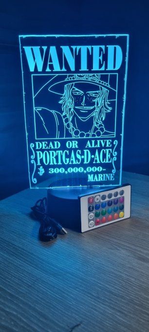 Lampe led 3D Portgas.D.Ace Wanted, manga, veilleuse, idée cadeau, dessin animé, déco, chevet