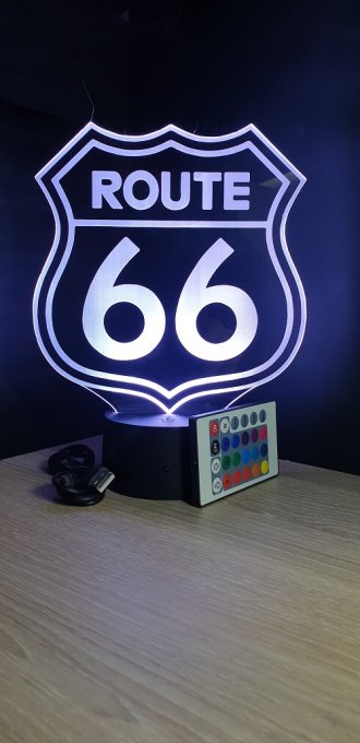 Lampe led 3D Route 66, Moto, Amerique,  veilleuse, idée cadeau, chevet, néon, déco, illusion, bureau