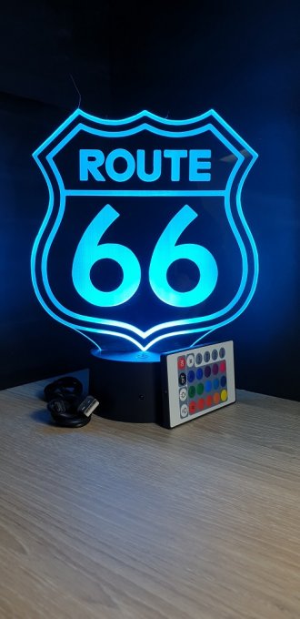 Lampe led 3D Route 66, Moto, Amerique,  veilleuse, idée cadeau, chevet, néon, déco, illusion, bureau