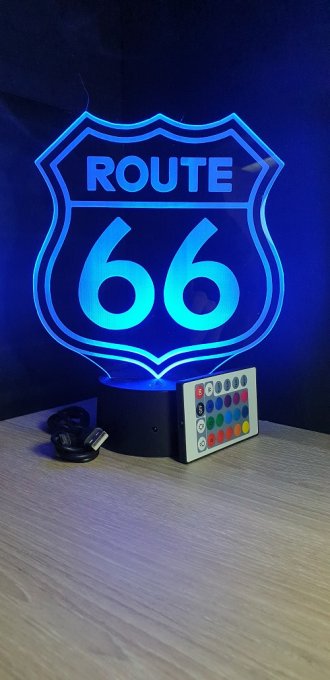Lampe led 3D Route 66, Moto, Amerique,  veilleuse, idée cadeau, chevet, néon, déco, illusion, bureau