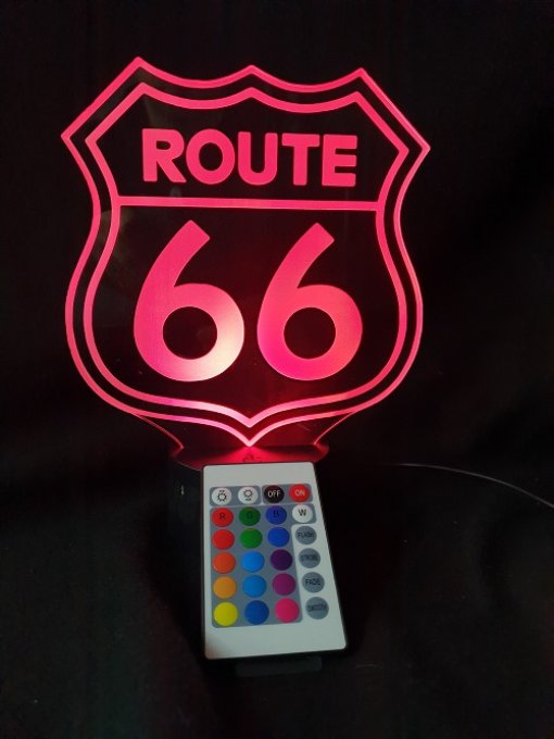 Lampe led 3D Route 66, Moto, Amerique,  veilleuse, idée cadeau, chevet, néon, déco, illusion, bureau