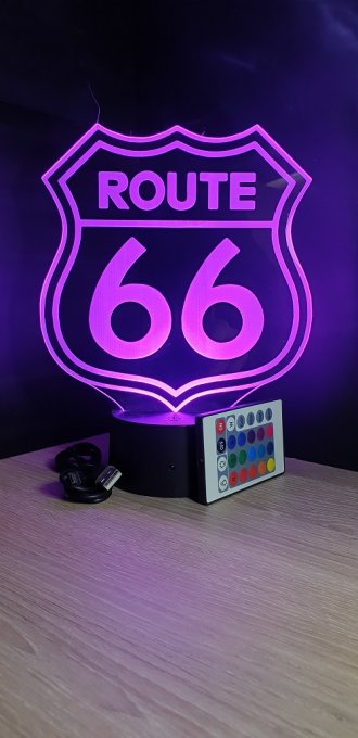 Lampe led 3D Route 66, Moto, Amerique,  veilleuse, idée cadeau, chevet, néon, déco, illusion, bureau