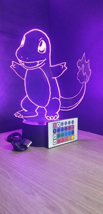 Lampe led 3D Salamèche, Pokemon, dessin animé, veilleuse, cadeau original, personnalisable