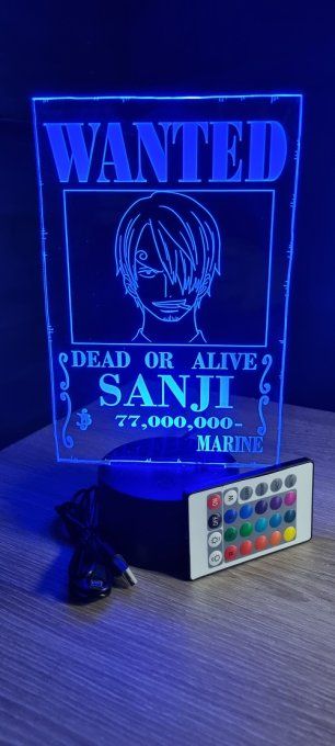 Lampe led 3D Sanji Wanted, manga, veilleuse, déco, chevet, lumiere