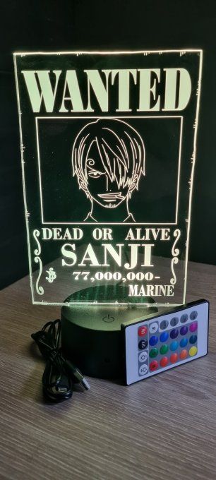 Lampe led 3D Sanji Wanted, manga, veilleuse, déco, chevet, lumiere