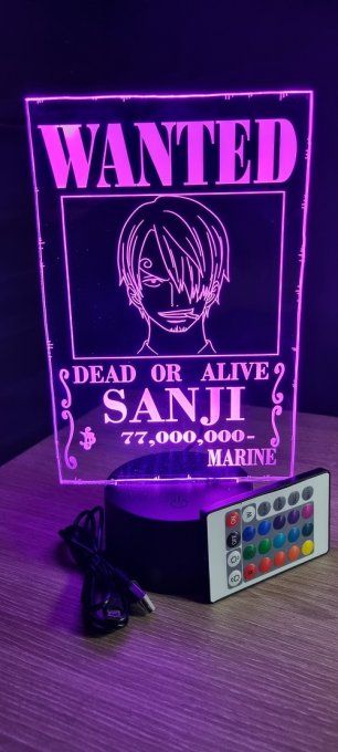 Lampe led 3D Sanji Wanted, manga, veilleuse, déco, chevet, lumiere