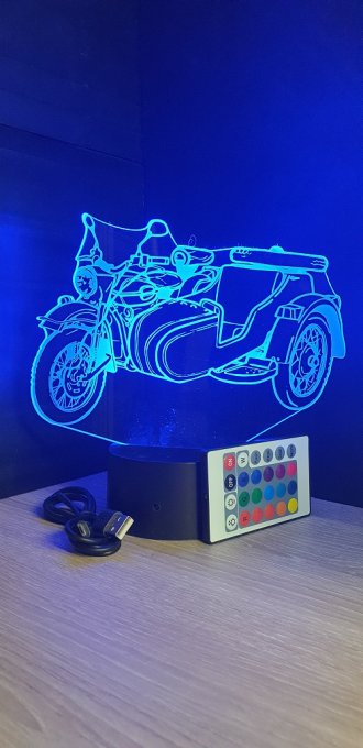 Lampe led 3D Side Car, Moto, veilleuse, chevet, néon, idée cadeau, déco, illusion, personnalisable