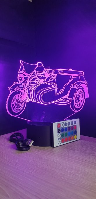 Lampe led 3D Side Car, Moto, veilleuse, chevet, néon, idée cadeau, déco, illusion, personnalisable