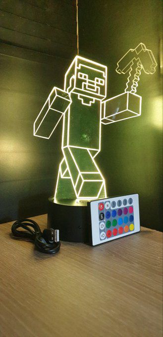 Lampe led 3D Steeve, Minecraft, veilleuse, idée cadeau, jeux video, geek, déco, illusion, chevet