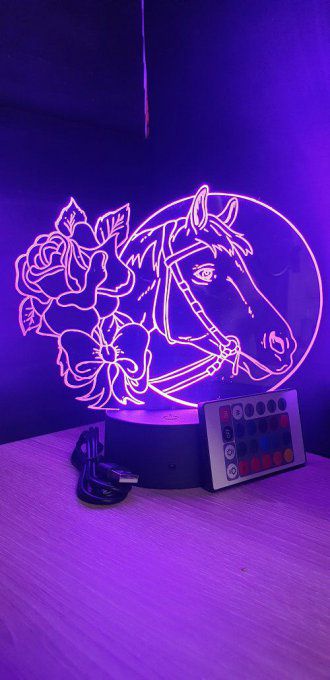 Lampe led 3D tête de cheval rose, veilleuse, déco, enfant, chambre