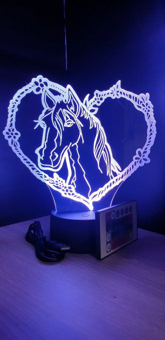 Lampe led 3D tête de cheval coeur, idée cadeau, veilleuse, déco, enfant, chambre, chevet