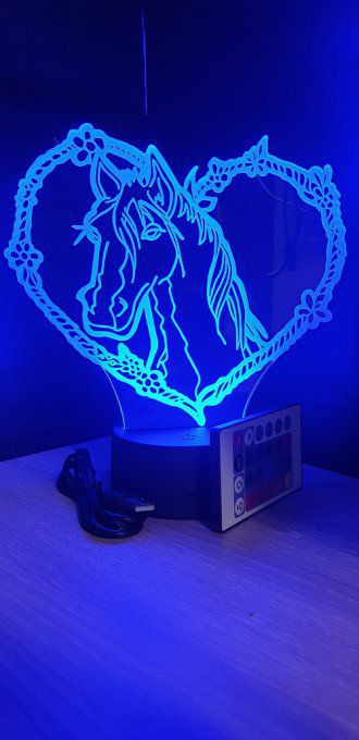 Lampe led 3D tête de cheval coeur, idée cadeau, veilleuse, déco, enfant, chambre, chevet