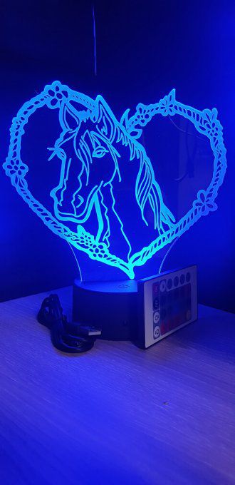 Lampe led 3D tête de cheval coeur, veilleuse, déco, enfant, chevet