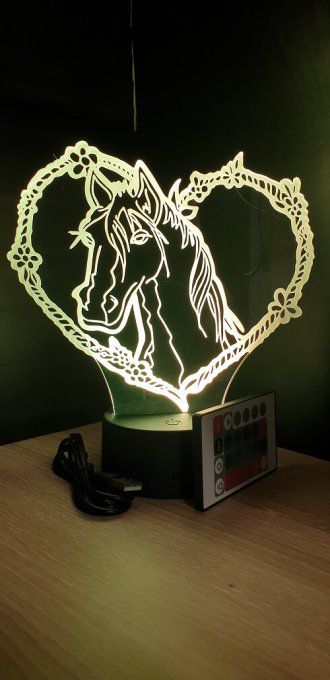 Lampe led 3D tête de cheval coeur, veilleuse, déco, enfant, chevet