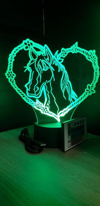 Lampe led 3D tête de cheval coeur, veilleuse, déco, enfant, chevet