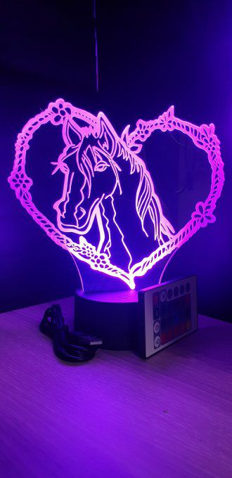 Lampe led 3D tête de cheval coeur, idée cadeau, veilleuse, déco, enfant, chambre, chevet