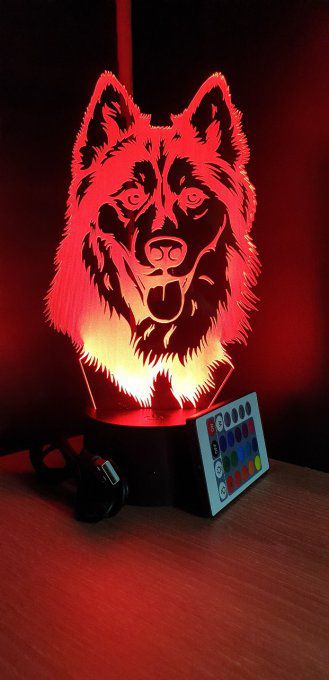 Lampe led 3D tête Loup, animal, idée cadeau, veilleuse, déco, enfant, chambre, chevet, chien