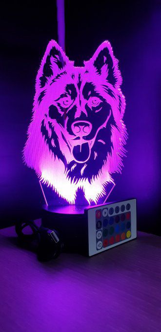 Lampe led 3D tête Loup, animal, idée cadeau, veilleuse, déco, enfant, chambre, chevet, chien