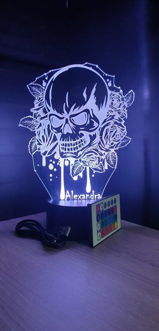 Lampe led 3D Tête de mort, rose, veilleuse, déco, chambre, illusion, personnalisable, chevet