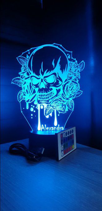 Lampe led 3D Tête de mort, rose, veilleuse, déco, chambre, illusion, personnalisable, chevet