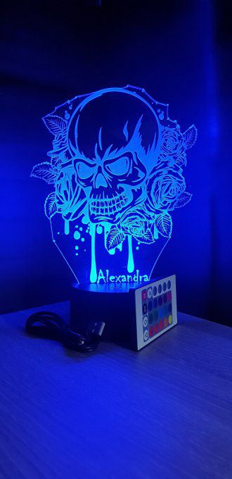 Lampe led 3D Tête de mort, rose, veilleuse, déco, chambre, illusion, personnalisable, chevet
