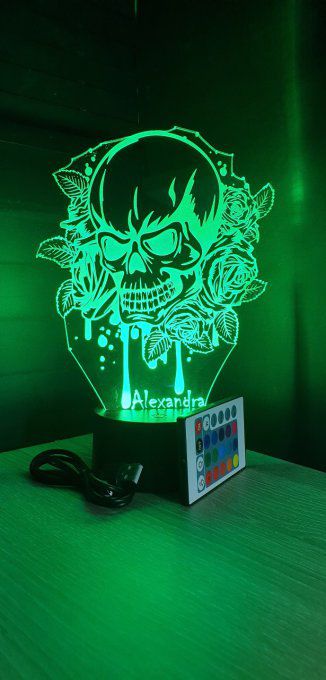 Lampe led 3D Tête de mort, rose, veilleuse, déco, chambre, illusion, personnalisable, chevet