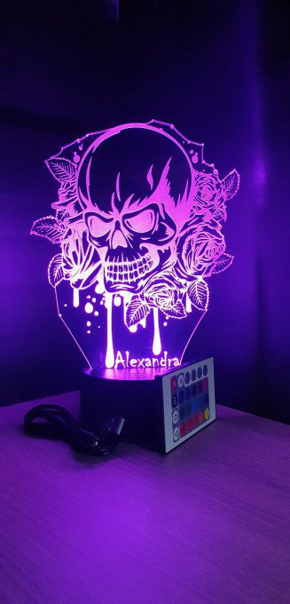 Lampe led 3D Tête de mort, rose, veilleuse, déco, chambre, illusion, personnalisable, chevet