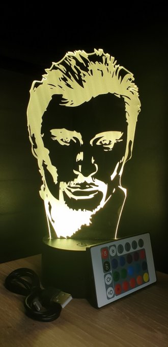 Lampe led 3D Tête Johnny Halliday, veilleuse, chevet, néon, idée cadeau, déco, illusion, bureau