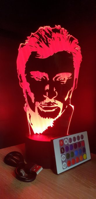 Lampe led 3D Tête Johnny Halliday, veilleuse, chevet, néon, idée cadeau, déco, illusion, bureau