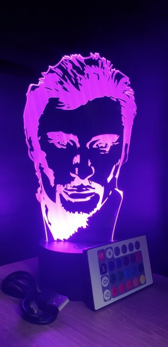 Lampe led 3D Tête Johnny Halliday, veilleuse, chevet, néon, idée cadeau, déco, illusion, bureau
