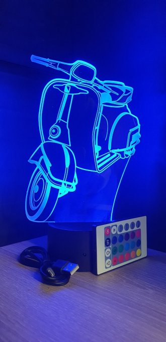 Lampe led 3D Vespa, scooter, chevet, néon, déco, illusion, bureau