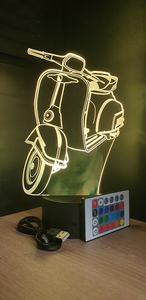 Lampe led 3D Vespa, scooter, chevet, néon, déco, illusion, bureau