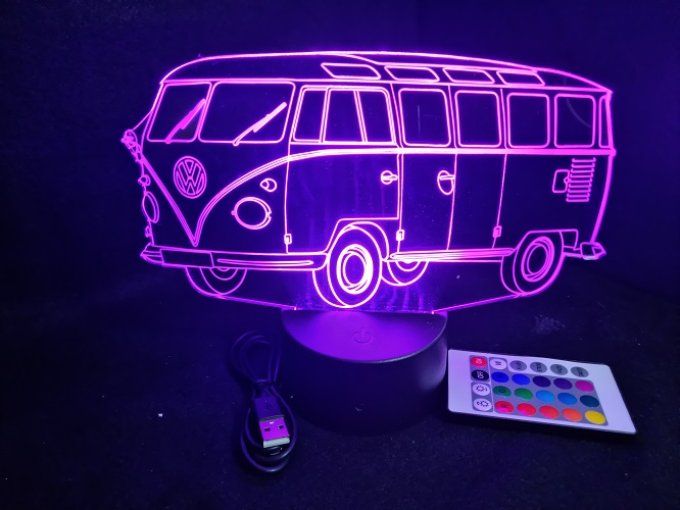 Lampe led 3D Volkswagen Combi, retro, voiture, veilleuse, chevet, cadeau, déco, illusion